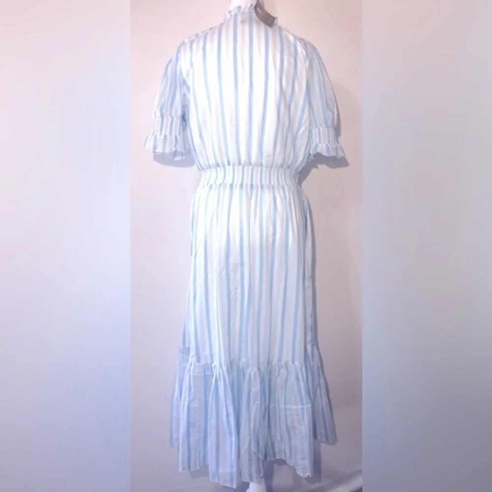NWT J.Crew Women Blue/White Stripes Midi Dress with Puff Sleeve short. Size S